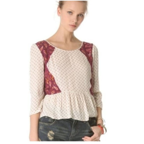 Free People Cream & Burgundy Gauzy Floral Boho Peplum Top size XS - Picture 1 of 14